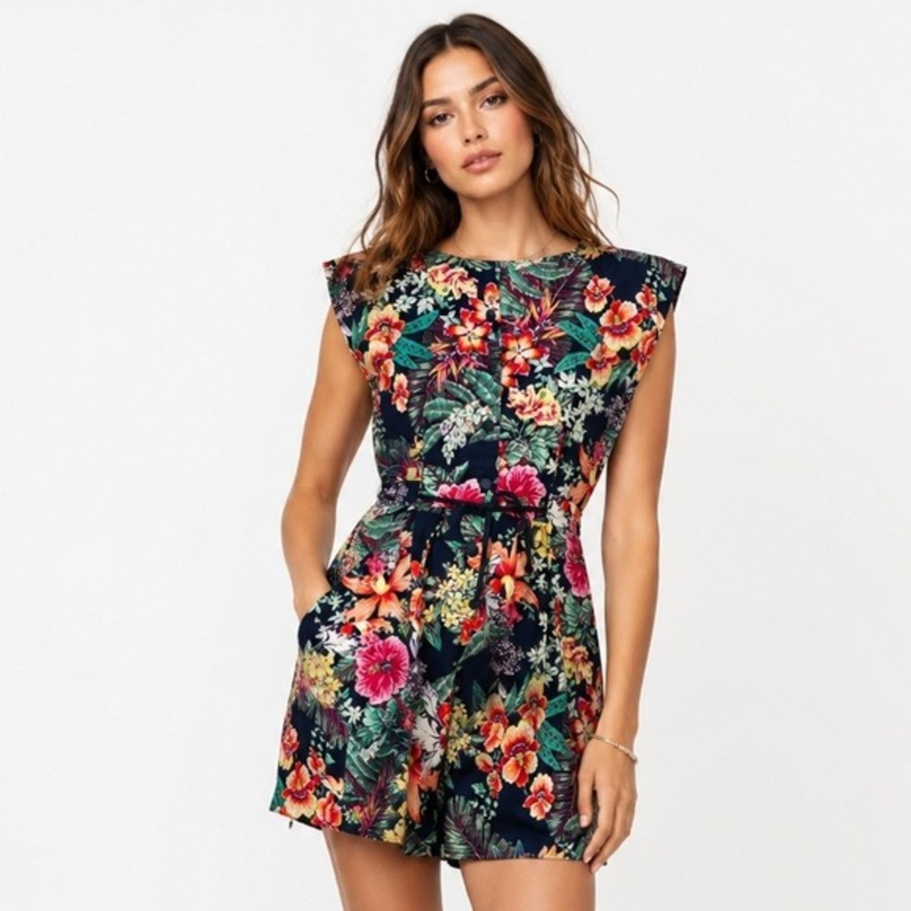 Paquette Petite Tropical Floral Cotton Romper Navy Blue Sleeveless Vintage S